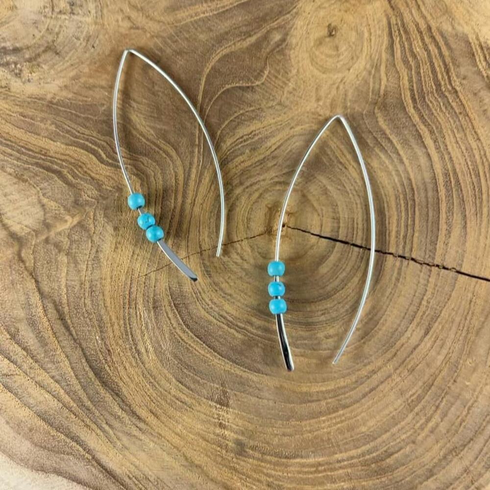 Large Sterling Silver Artisan Turquoise 3 Stone Ball Hook Threader Earrings